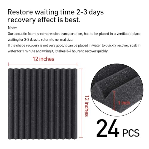 Focusound 24 Pack Black Grey Acoustic Foam Panels 1" x 12" x 12" Sound Proof Foam Panles Soundproofing Noise Cancelling Wedge Panels for Home Office Recoding Studio with 240PCS Double-Side Adhesive - size: 24 Pack BlackGrey