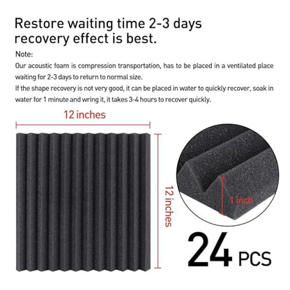 Focusound 24 Pack Grey Acoustic Foam Panels 1" x 12" x 12" Sound Proof Foam Panles Soundproofing Noise Cancelling Wedge Panels for Home Office Recoding Studio with 240PCS Double-Side Adhesive - size: 24 Pack Grey