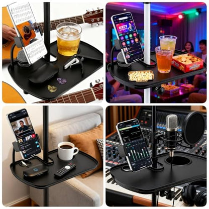 Microphone Stand Tray with Phone Holder, 12.2" Large Clamp On Shelf Table | Fits 0.4"-2" pole. Hold 9.9 lbs. Raised edge. Fits karaoke music stand studio concert floor lamp beach sunshade table storage