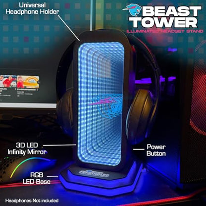 Feastables Beast Tower MrBeast Gaming Headphone Stand | RGB Light Display with Infinity Mirror Effect and Logo | Universal Headset Holder; USB Powered Desk Computer Accessory for Gamers and Streamers