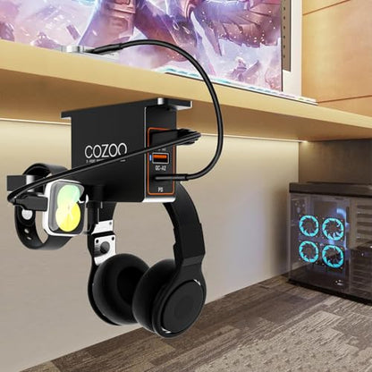 cozoo Headphone Stand with USB Charger Under Desk Headset Holder Mount 3 USB Charging Station,iWatch Stand Watch Dock Dual Earphone Hanger Hook,PC Accessories Gifts,UL Tested - color: Black ( PD & QC3.0 )