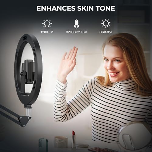 12" Ring Light with Stand Tripod for iPhone, Overhead Phone Camera Mount, Adjustable 72" Height Tripod Holder Floor, Phone Stand for Video Recording Filming Streaming Cooking TikTok YouTube, CRI >95 - size: 12 inches