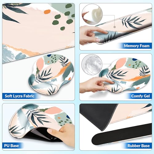 Desk Mat Set + Keyboard and Mouse Pad with Wrist Rest Support,4-in-1 Large Mousepad Computer Mats for Desktop Home & Office-Leaves 2 - color: O-Leaves 2