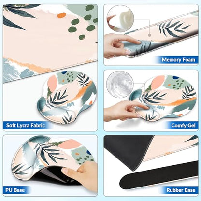 Desk Mat Set + Keyboard and Mouse Pad with Wrist Rest Support,4-in-1 Large Mousepad Computer Mats for Desktop Home & Office-Leaves 2 - color: O-Leaves 2