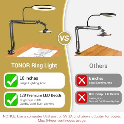 TONOR Overhead Ring Light Kit, 10" Ringlight with Heayy Duty Boom Arm and Phone Holder, Adjustable Angle, Suitable for Video Recording, Live Stream, Drawing, Makeup Nail