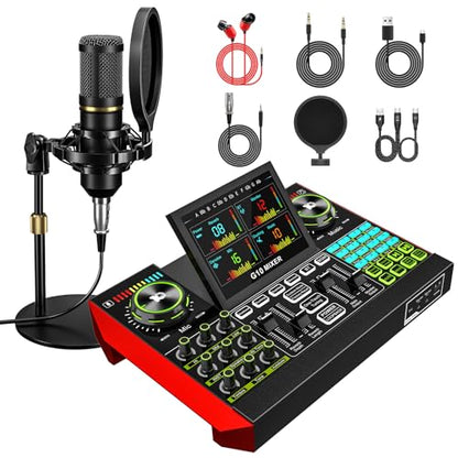 podcast equipment bundle, live sound card, streaming audio mixer, Podcast microphone bundle for PC/mobile live streaming, singing, gaming, soundboard with voice changer and noise reduction function