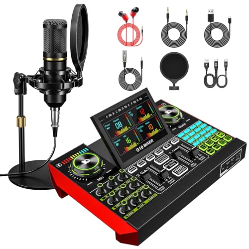 podcast equipment bundle, live sound card, streaming audio mixer, Podcast microphone bundle for PC/mobile live streaming, singing, gaming, soundboard with voice changer and noise reduction function