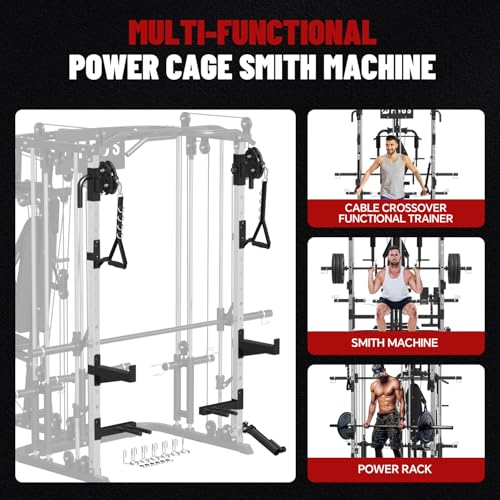 All in One Home Gym System Workout Station, Multi-Function Smithe Machine Power Cage with Cable Crossover System, Tripe-Sided Independent Load Posts, Functional Trainer for Full Body Training - color: Black, style: Home Gym Station