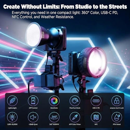 Amaran Ray 120c RGB LED Monolight, 120W Full Color COB Video Light with Octa Dome 30 Softbox for Travel, USB-C PD Power, IP54, OmniColor Engine, 2,300K-10,000K, App/NFC Control, Bowens Mount - color: Ray 120c
