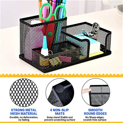 2 Pack 3 in 1 Mesh Pen Holder for Desk, 3 Compartments Pencil Holder Desk Organizer Caddy with Sticky Notes Holder Easy Storage Suitable for Home, Office and School