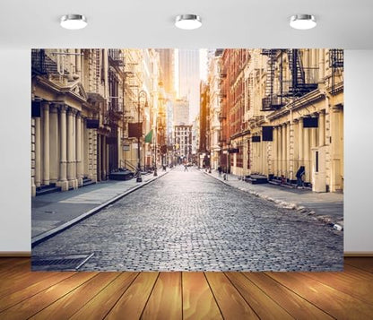 12x8ft New York Manhattan City Street Backdrop Empty Street Old City Background New York Downtown NYC Street Classic Luxury Apartment Building Photo Background Photo Studio Prop - size: 12x8FT