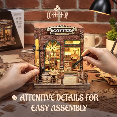 Book Nook Kit DIY Miniature House with LED Lights, 3D Wooden Puzzle Coffee Shop Bookshelf Insert for Adults, Double Door Mini Dollhouse Building Kit, Creative Home Decor Gift for Women & Men - style: Coffee Shop