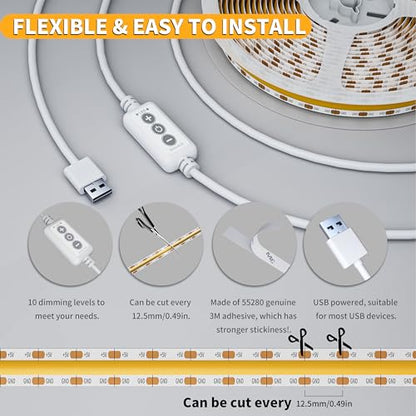 PAUTIX COB LED Strip Light 5V USB 9.84ft/3m 640LEDs 1200lm Dimmable LED Strip Light 3000K Warm White CRI90+ USB TV Backlight,Flexible Under Cabinet Tape Light for Bedroom,Kitchen,Home DIY Lighting - color: 3000K, size: 9.84ft/3m