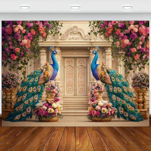 Peacock Floral Palace Backdrop, India Wedding India Ceremony Party Decoration Bridal Shower Photography Decoration Wall Decor Fabric Photography Background 7X5FT - color: Gold, size: 7 X 5 Ft