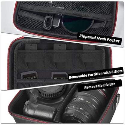 Comecase Hard Camera Case for Canon R50/R100/T7, for Sony A6400/ZV-E10 | Small Camera Bag with Hard EVA Shell, Adjustable Dividers, 6 Battery/SD Organizer Slots and Shoulder Strap, case only, Black - color: Black+Red Zipper