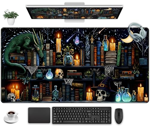 Black Desk Mat Gaming Desk Pad Large Mouse Pad, Mysterious Library Mouse Mat XXL Laptop Keyboard Pad, Vintage Gamer Mouse Pad Full Desk Mousepads Cool Office Desk Accessories 31.5"x15.7" - color: Fantasy Bookshelf