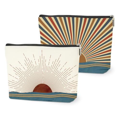 2PCS Boho Makeup Bag, Boho Gifts for Women Friend Mom Cosmetic Bag | Sunlight Rays Natural Linen Zipper Pouch Best Gifts for Girls Sister Travel Sunshine Cosmetic Bag - color: Multicolor 0083