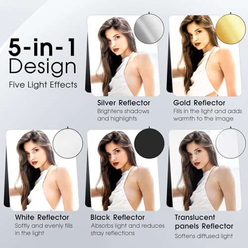5-in-1 Light Reflector 32 Inch/80 cm Photography Diffuser Collapsible Portable with Bag，Gold Silver White Black Translucent for Studio and Outdoor Lighting (32'' (80cm)) - size: 32'' (80cm)