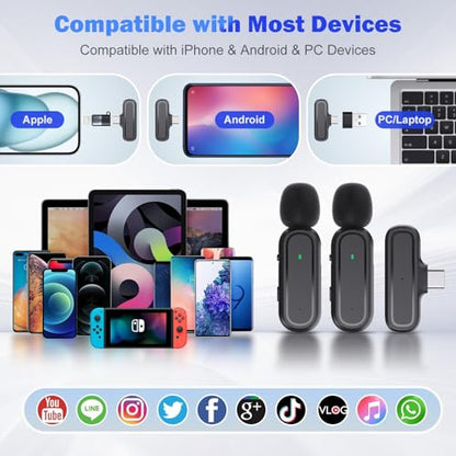 Wireless Lavalier Microphone, 2 Mini Mics with Charging Case, 8H, 65ft | USB-C Clip-On Mic for iPhone iPad Android PC, Noise Reduction, Ideal for Vlogging TikTok YouTube Video Recording Interview