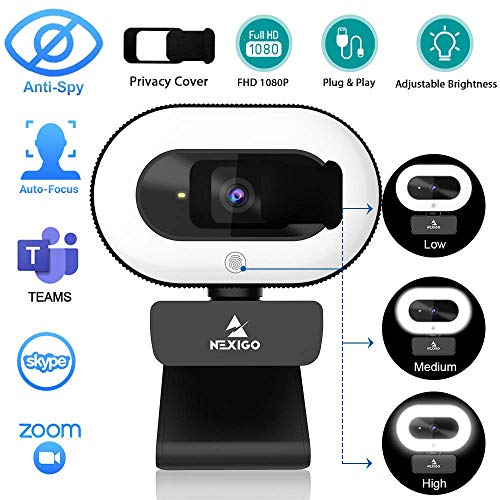 NexiGo StreamCam N930E, 1080P Webcam with Ring Light and Privacy Cover, Auto-Focus, Plug and Play, Web Camera for Online Learning, Zoom Meeting Skype Teams (Renewed) - size: Webcam with Light