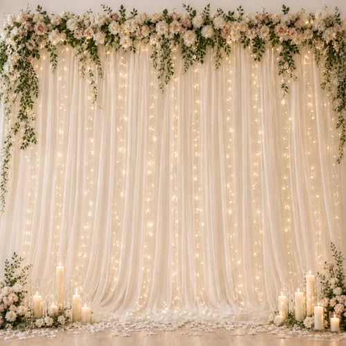 Ledido 10×8ft Beige Tulle Backdrop Curtains with Lights(6 Panels 5×8ft) | 900LED Fairy Lights Beige Sheer Curtain Backdrop for Wedding Baby Shower Photo Shoot Birthday Party Decoration - color: Beige, size: 30×8ft(6 Panels 5×8ft)