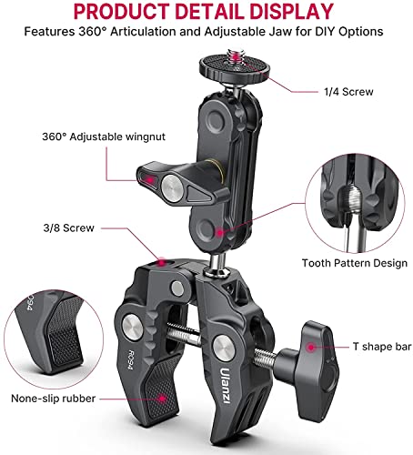 ULANZI Super Clamp Camera Clamp Mount Monitor 360° Ballhead Magic Arm Double Ball Head Adapter with 1/4"-20 & 3/8"-16 Thread ST-07 Phone Tripod Mount - size: Phone Mount Kit
