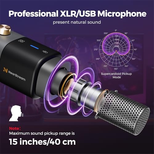 NearStream AM20X Podcast Microphone with Boom Arm, USB/XLR Condenser Microphone for Podcasting/Streaming/Gaming/Record, PC and Audio Mixer, AI Noise Canceling, Gain Control, Sound Monitoring, Mute