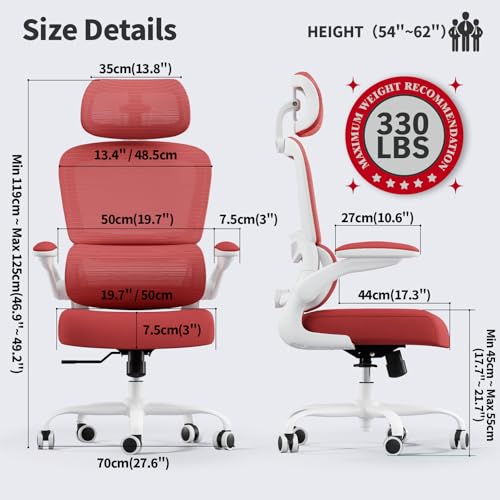 TRALT Office Chair Ergonomic Desk Chair, 330 LBS Home Mesh Office Desk Chairs with Wheels, Comfortable Gaming Chairs (1, Red) - color: Red