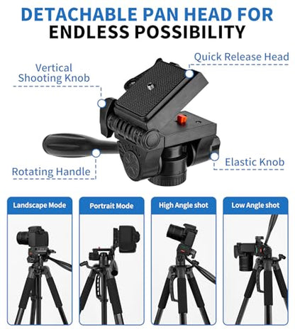 72'' Tripod Camera Tripods,Professional Portable Tripods for DSLR Video Recording, Lightweight Travel Cellphone Tripod Stand Black with 360° Pan Head
