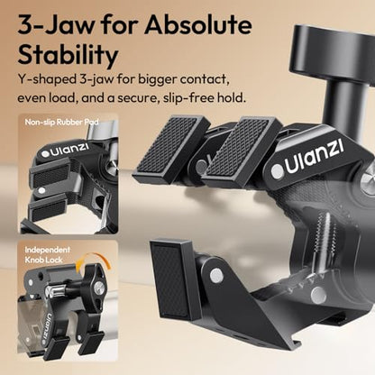 ULANZI CO78 Super Clamp Mount, 3-Jaw Y-Shape Super Clamp with Cold Shoe & 1/4"-20 Threads,ARRI Pins, Heavy Duty Camera Rig Mount for Monitors, LED Lights, Action Cameras, Desktop Rig, Load - Black