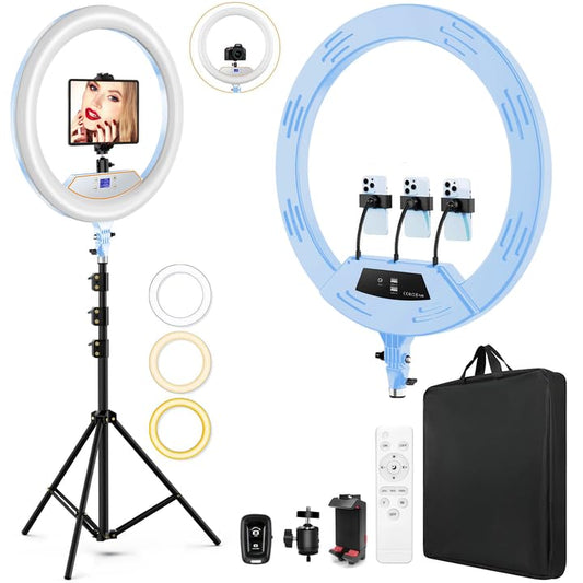 22" LED Ring Light, with 75" Tripod/LCD Display/3+1 Phone Clips/ 2 USB Ports/Wireless Remote, Adjustable 2600K-6500K Color Temperature, for YouTube Facebook Live TikTok Video Recording Vlog (Blue) - color: Blue