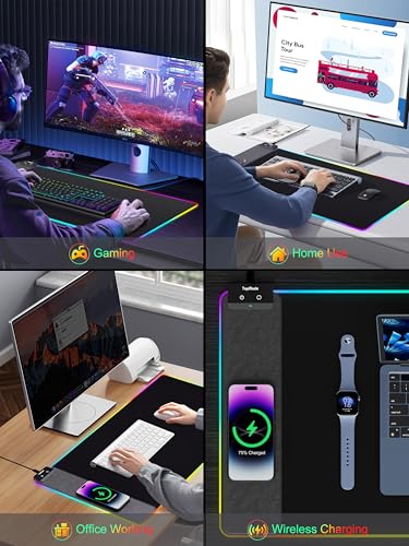 TopMade Mouse Pad with Wireless Charging, 31.5" x 15.75" Large Desk Mat RGB Gaming Mousepad, LED Desk Pad Keyboard Pad with Ultra-Smooth Surface & Non-Slip Rubber Base, Waterproof Desk Pad - color: RGB-31.5"x15.8"