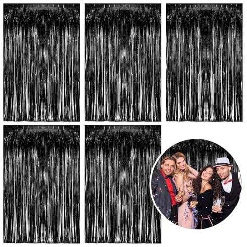 5 Pack Foil Curtain Backdrop Black Metallic Tinsel Foil Fringe Curtains Photo Booth Props for Birthday Wedding Engagement Baby Shower Bachelorette Christmas Holiday Celebration Party Decorations - color: Black, size: 5 Pcs