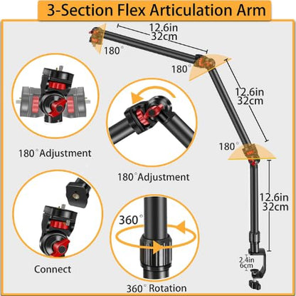 REFLEX CAMERA 37" Overhead 3-Section Flex Cantilever Articulating Boom Arm with Desk/Tube C Clamp and Universal Phone Mount 1/4" 3/8" & 5/8" Screw Mount for DSLR Camera, Microphone, Light & Webcam