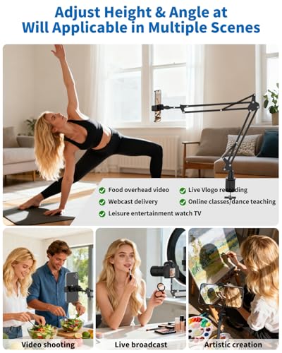 Overhead Camera Phone Mount, Desk Phone Stand for Recording, Phone Holder for Bed with Phone/Tablet/Mic Clamps, 1/4" Thread Magic Arm for DSLR, Webcam, iPad, TikTok, YouTube, Streaming, Cooking, Video