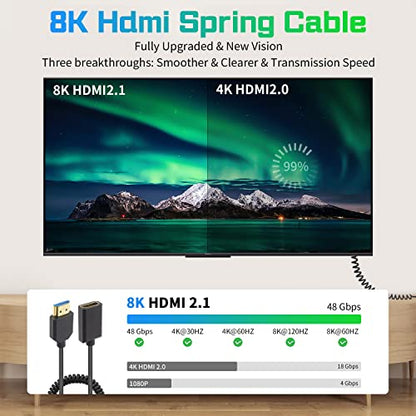 Duttek 8K Coiled HDMI Extension Cable, Extreme Thin HDMI Male to Female Coiled Cable 48Gbps Ultra High Short HDMI Cable 8K@60Hz Resolution Backward Compatible for 4K Ultra HD, 1080p 4FT/1.2M - style: HDMI Male to Female
