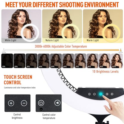 GWO 21 inch LED Ring Light with Tripod Stand 6000K Dimmable Makeup Selfie Light with Touch Panel Phone Holders for YouTube Vlog Video Shooting Include Carrying Bag and Remote Control CRI>90