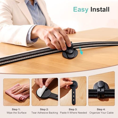 Silicone Self Adhesive Under Desk Cable Management 12Pcs - Black | Adjustable, Elastic, Cord Organizers for Computer, TV, Machine Wires in Homes, Offices, Schools, Classrooms and Factories