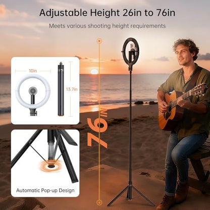 10.2" Magnetic Ring Light with 64" Tripod for iPhone Mag Safe, 5000mAh Rechargeable Ring Light with Stand, 3000k-6500K Phone Tripod with Light for Video, Photography, Live Stream, TikTok, YouTube