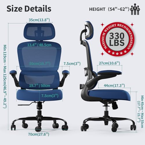 TRALT Office Chair Ergonomic Desk Chair, 330 LBS Home Mesh Office Desk Chairs with Wheels, Comfortable Gaming Chairs (1, Dark Blue) - color: Dark Blue