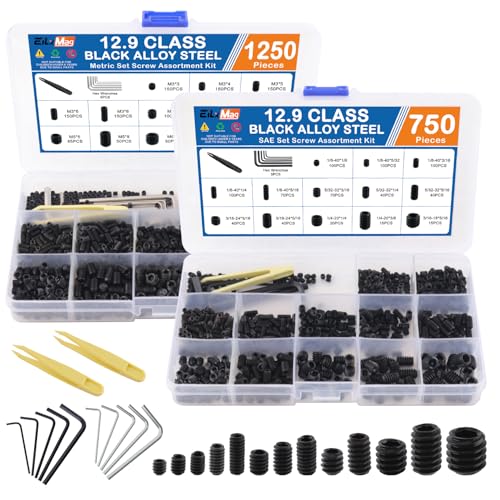 2000PCS Set Screws, 26 Sizes Metric & SAE Set Screw Assortment Kit, Allen Head Hex Socket Head Grub Screws for Bathroom Fixtures, Door Handles, Alloy Steel Black(M3-M8, 1/8"-40 to 5/16"-18) - size: 2000PCS-Black