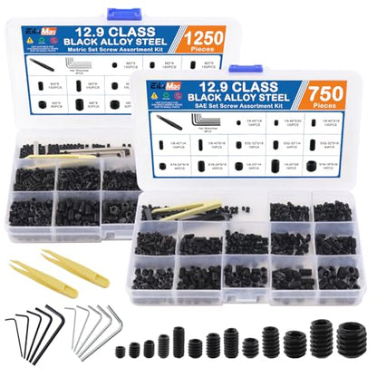 2000PCS Set Screws, 26 Sizes Metric & SAE Set Screw Assortment Kit, Allen Head Hex Socket Head Grub Screws for Bathroom Fixtures, Door Handles, Alloy Steel Black(M3-M8, 1/8"-40 to 5/16"-18) - size: 2000PCS-Black