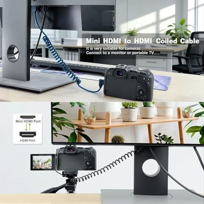 Duttek Thin Mini HDMI to HDMI Coiled Cable 1FT-4Ft, Ultra Slim & Flexible Soft Left Angled HDMI to Mini HDMI Cable Supports 3D/4K@60Hz for HDTV, Tablet, Camera and Camcorder - size: Left Angled 1.2M