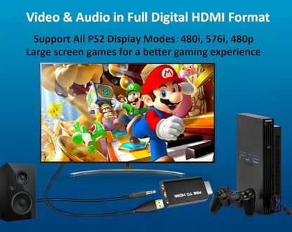 NEW PS2 to HDMI Converter Adapter, Video Converter with 3.5mm Audio Output for HDTV HDMI Monitor, with USB Power Cable, Only Compatible with PS2 console models (10000/ 30000/ 50000/ 70000 series)