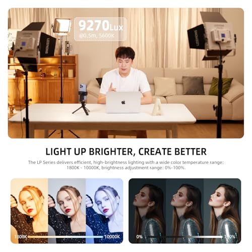 Godox LP600R RGB LED Video Light with Barndoor, 2-Pack 60W 1800K-10000K 9270Lux LED Panel Light with Light Stand, APP Control CRI96+ Studio Soft Light