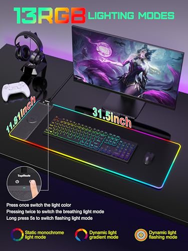 TopMade Mouse Pad with Wireless Charging, 31.5" x 11.81" Large Desk Mat RGB Gaming Mousepad, LED Desk Pad Keyboard Pad with Ultra-Smooth Surface & Non-Slip Rubber Base, Waterproof Desk Pad - color: RGB-31.5"x11.8"
