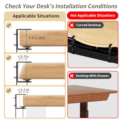 Under Desk Cable Management Tray, Expandable 25.2"– 38.6" No Drill with Clamp Mount Cord Management, Black Carbon Steel Cord Organizer for Desk, Home, Office