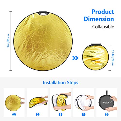 Neewer 5-in-1 Portable Round 32 in/80cm Light Reflector Collapsible Multi-Disc with Single Grip and Bag for Studio Photography Lighting and Outdoor Lighting - Gold/Silver/White/Black/Translucent - size: 80cm