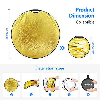 Neewer 5-in-1 Portable Round 32 in/80cm Light Reflector Collapsible Multi-Disc with Single Grip and Bag for Studio Photography Lighting and Outdoor Lighting - Gold/Silver/White/Black/Translucent - size: 80cm