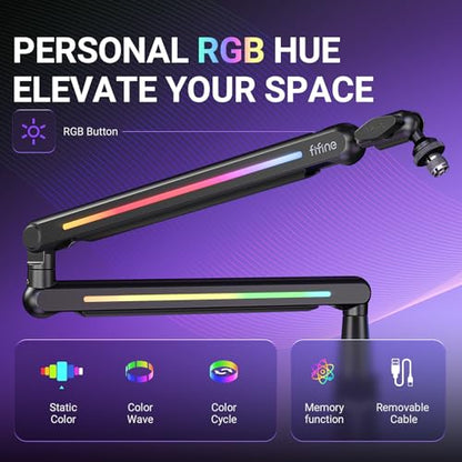 FIFINE Microphone Boom Arm with Controllable RGB, Adjustable Low Profile Mic Stand with Desk Mount Clamp,Cable Management, Screw Adapter for Gaming, Podcast, Streaming, Studio-BM88Pro - color: black